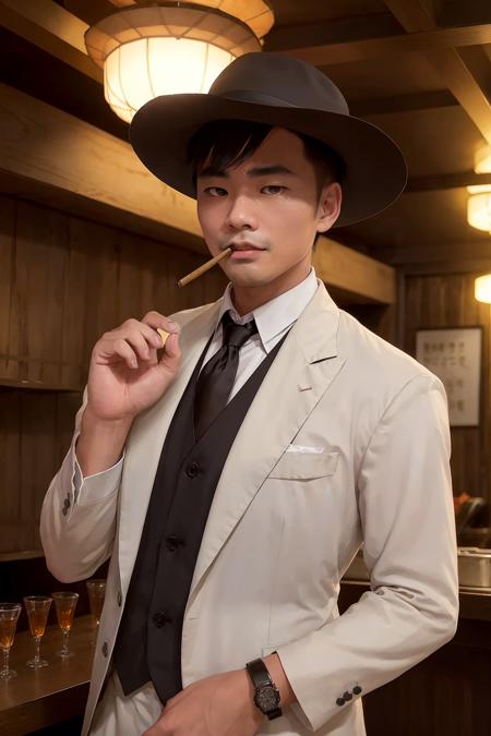 zage,stubble,((Asian)) ,gaygaygay,, Suave mobster. Dark, sharply tailored suit. Crisp white shirt. Tie that echoes power. Half-hidden face under a classic fedora hat. Piercing eyes that speak volumes. Vintage cigar in hand. Mysterious smoke. Dimly lit room reminiscent of an underground speakeasy. Rows of liquor bottles in the background. Rich wooden decor. Vintage feel. Palpable tension. Cool, unshakeable demeanor, (masterpiece:1. 0), (best quality:1. 4), (ultra highres:1. 2), (intricate details:1.3), (soft focus:1. 4), (sharp focus:1. 4),Raw photo,1man,