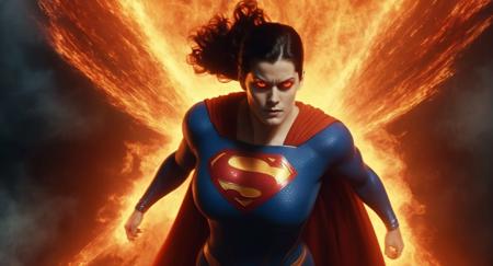 concept art of  Cinematic Film stock footage in (arri alexa style) Kodak film print,  <lora:Superman:1> Superman a woman with a heat vision fiery beams of intensified heat coming out from both eyes, digital artwork, illustrative, painterly, matte painting, highly detailed