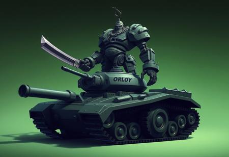 Create a high-quality, ultra-detailed image of a robot Big Cannon Ogre standing on top of an Ancient Gear Tank, with a gradient from green to black. The Ogre should be a handsome, Frankenstein-like character holding a jagged scimitar. Incorporate correct, fancy proportions and symmetry. Draw inspiration from the styles of Ilya Kuvshinov, Katsuhiro Otomo, Magali Villeneuve, Artgerm, Jeremy Lipkin, Michael Garmash, and Rob Rey, as well as the aesthetic of Riot Games.
