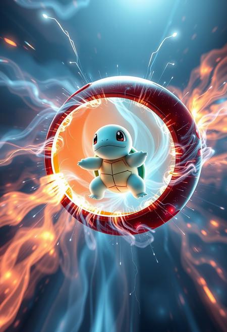 "Hyper-realistic depiction of a Pokéball in mid-air, its shell bursting open with a burst of light and energy. The capture effect is in full swing, with a swirling vortex of colors and lights enveloping a nearby Pokémon. The Pokémon, a Squirtle, is suspended in mid-air, its body glowing with a soft, ethereal light as it is drawn into the Pokéball. The ball's interior is visible, with a complex network of glowing, pulsing lines and circuits that seem to be absorbing the Pokémon's energy. The surrounding air is distorted by the capture effect, with ripples and waves of energy radiating outward from the Pokéball. Style: extremely detailed, hyper-realistic, and cinematic, with a focus on capturing the dynamic energy and light effects of the capture process."