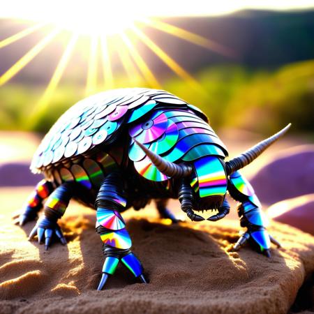 macro photo, rhino beetle (made of cd's:1.2) sitting on a big rock, dirt, sand, outside, sun
