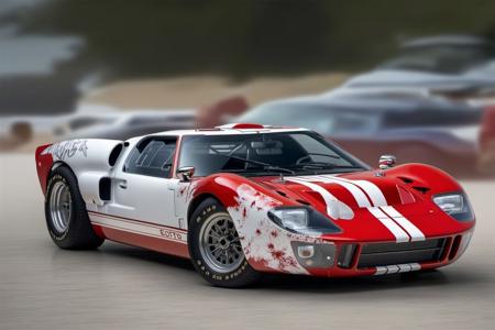 (graffiti colored GT40_MKII), white rally stripes, ghost flame paint, from side, dark tinted windows, parked on a white reflective surface,
masterpiece, rule of thirds, absurdres, volumetric lighting, subsurface scattering, high detail, nature background, motion blur, full sharp, photography, trending on artstation, sharp focus, studio photo, intricate details, highly detailed, by greg rutkowski, car magazine cover, award winning photography, ford tough, RIP Carroll Shelby,
shot on a Sony A7III, 8k uhd, bokeh, dutch angle, dramatic angle, intentional camera movement, camera tricks,
<lora:GT40MKII_SDXL_v01:1>