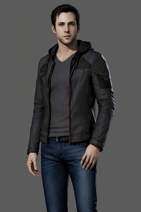 (RAW photo), concept art, <lora:gavreedtest:0.6>, gavinreed, male focus, gray background, jacket, jeans