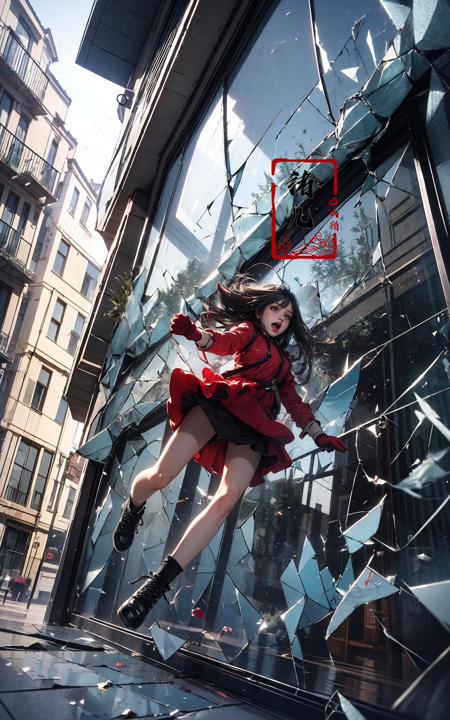 jumpingmidair, 1girl, open mouth, outdoors, building, (broken glass:1.5), shoes, red gloves,
<lora:~Q?-gV jumping:0.8>