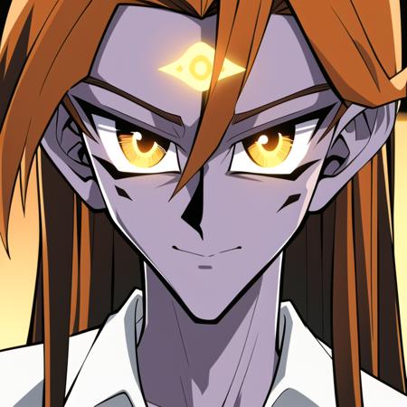 (masterpiece, best quality), TakahiroKagami, 1boy, white skin, (eye of horus on forehead), orange hair, orange eyes, sharp eyes, <lora:takahirokagamiyugioh-underbaked:0.8>