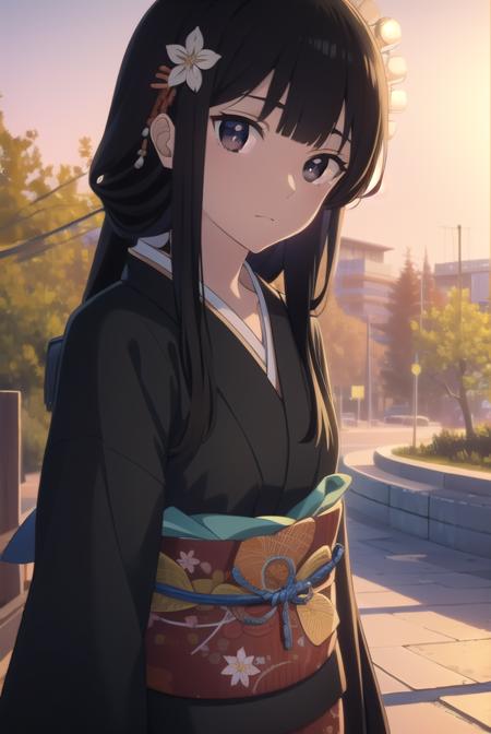 anzuhanashiro, <lyco:anzuhanashiro-lyco-nochekaiser:1>, 
anzu hanashiro, long hair, bangs, black hair, sidelocks, blunt bangs, (black eyes:1.5),
BREAK hair ornament, flower, japanese clothes, kimono, sash, obi, yukata,
BREAK looking at viewer,
BREAK outdoors, festival, fireworks,
BREAK <lora:GoodHands-vanilla:1>, (masterpiece:1.2), best quality, high resolution, unity 8k wallpaper, (illustration:0.8), (beautiful detailed eyes:1.6), extremely detailed face, perfect lighting, extremely detailed CG, (perfect hands, perfect anatomy),