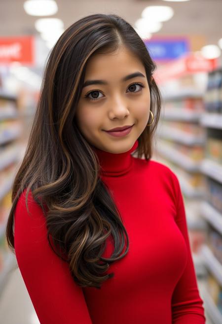 portrait of a young woman pokimane, wearing a red turtleneck dress. She has dark brown hair and brown eyes. She is in walmart, black skirt,