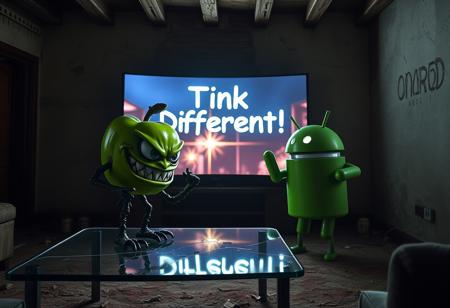 "In a dimly lit, decaying Italian apartment, a cartoonish green apple with exaggerated, glaring eyes and twisted limbs faces off against the iconic Android logo robot. The apple, perched on a cracked glass coffee table, sports a menacing grin and clenched, vine-like fists. Opposite it, the Android robot, its green metallic surface tarnished and scratched, stands in a defensive stance with malfunctioning, twitching antennae and a glare from its flickering eyes.
The massive OLED TV on the wall displays a vivid Apple computer commercial, casting a cold, flickering light that illuminates the tense standoff. Shadows from the TV’s bright visuals stretch and distort across the room, adding a dramatic effect to the confrontation.
Above the TV, a warped cardboard sign reading 'Think Different!' , its flickering LEDs casting eerie, shifting shadows on the peeling stucco walls. The room, once elegant with exposed brick and wooden beams, now feels oppressive and claustrophobic, filled with the scent of mildew. The green apple’s glossy skin and the Android’s rusty body gleam under the unsettling light, emphasizing their contrasting forms and the bizarre, hostile encounter in this decrepit, tech-infused setting."