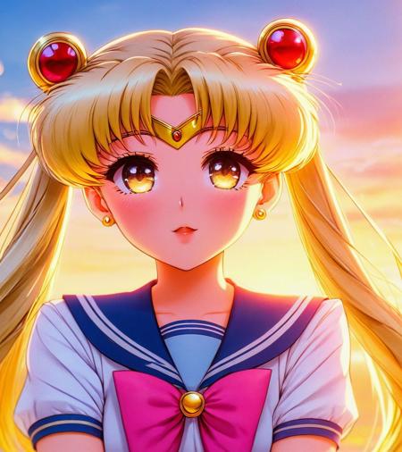 Usagi Tsukino wearing a sailor outfit, an anime drawing, by Sailor Moon, digital art, golden hour sun, high detailed face anime, anime cels, moon shining. <lora:Dall-e_3_0.3-v2-000003>