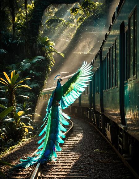 As it navigates the dense jungle, the quetzal displays an elegance that defies gravity. Its long tail feathers trail behind, like the train of a celestial gown. These feathers, vibrant and resplendent, create a mesmerizing arc as the bird twists and turns.<lora:god rays:0.6>, Light Leaks Overlay filter, Cinematic photography, movie mood, cinematic light, compelling composition, storytelling elements, conveys emotion, mood, and narrative depth, creating visually striking images that feel like still frames from a film, Wide angle, chaotic cabin in background. vibrant, photorealistic, realistic, dramatic, dark, sharp focus, 8k.