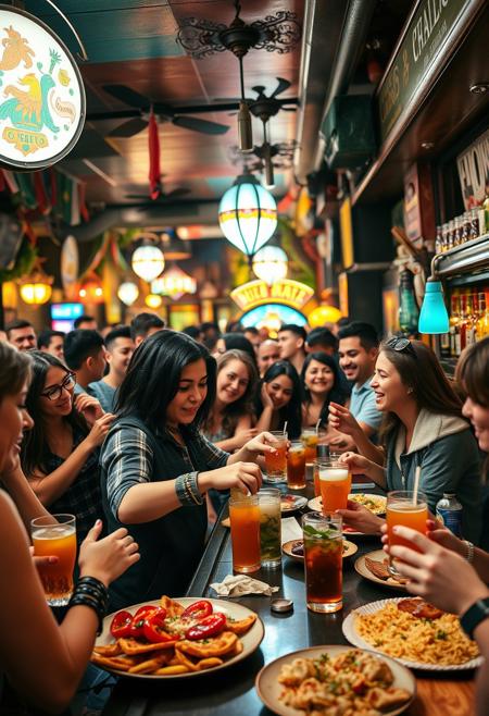 "A fun scene in a bustling bar with a lively atmosphere, colorful decorations and a diverse crowd. A young dark-haired bartender is overwhelmed, juggling several drink orders while spilling some drinks. Customers laugh and chat loudly , with a jukebox. A multitude of tapas and food, in Spain