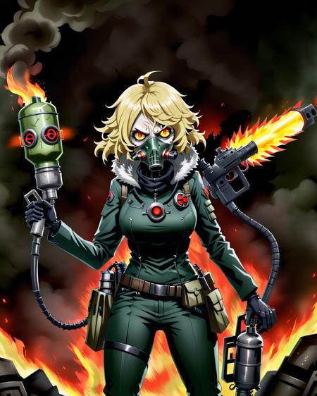 2d,anime,a cybermutant tanya degurechaff with glowing red eyes and cybernetic enhancements wearing a gas mask and holding a flamethrower,full body,scene from youjo senki and hellsing,  <lora:Fleshmutant_R2-000003:1>