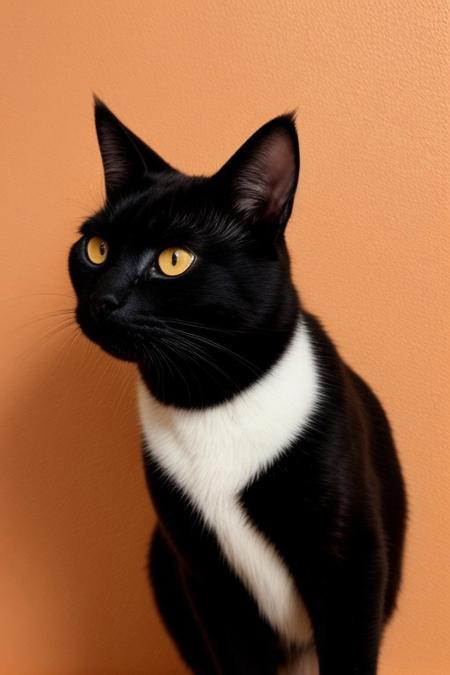 A close-up minimalist illustration of a black cat with striking yellow-orange eyes peeking from behind an orange wall. The artwork features smooth, clean lines and a subtle texture, emphasizing the cat's playful expression. The creamy beige background complements the orange accent, creating a harmonious and modern aesthetic.