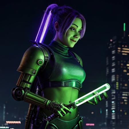 shrek is half robotic , he have a test tube alien in her hand, Cyberpunk Style,  (neon:1),  masterpiece, intricate, highly detailed, majestic, digital photography, hdr,  (night time:1.2) ,,detailed alien resurection