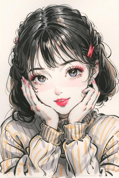 1girl, black eyes, black hair, closed mouth, grey sweater, hair ornament, hairclip, heart, lips, lipstick, looking at viewer, makeup, portrait, red lips, simple background, sleeves past wrists, smile, solo, sweater, white background,(masterpiece:1.4),(best quality:1.4),(shiny skin),chch-style