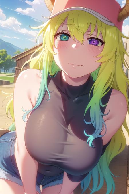 dragonlucoa, <lora:dragon lucoa s2-lora-nochekaiser:1>, 
lucoa, blonde hair, blue hair, dragon girl, gradient hair, green hair, hair between eyes, horns, horns through headwear, (huge breasts:1.2), multicolored hair, baseball cap, cap, hat,  (green eyes:1.5), (purple eyes:1.1), yellow pupils, (heterochromia:1.5), smile,
BREAK black thighhighs, cleavage, curvy, pink footwear, thighhighs, shirt, black shirt, sleeveless, covered navel, short shorts, denim shorts, denim, shorts,
BREAK outdoors, park, trees, sky, clouds, sun,
BREAK looking at viewer, (cowboy shot:1.5),
BREAK <lyco:GoodHands-beta2:1>, (masterpiece:1.2), best quality, high resolution, unity 8k wallpaper, (illustration:0.8), (beautiful detailed eyes:1.6), extremely detailed face, perfect lighting, extremely detailed CG, (perfect hands, perfect anatomy),