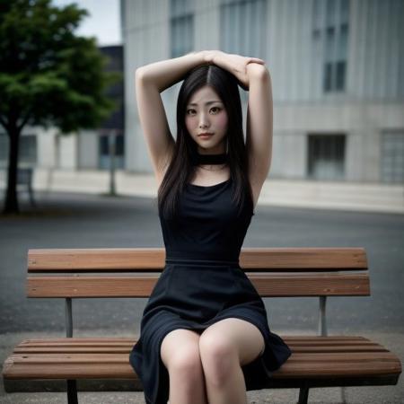 safe_pos, Yor forger. Sitting down on a bench, no top, arms up over head, a skirt, legs open and underware can be seen through open legs. 