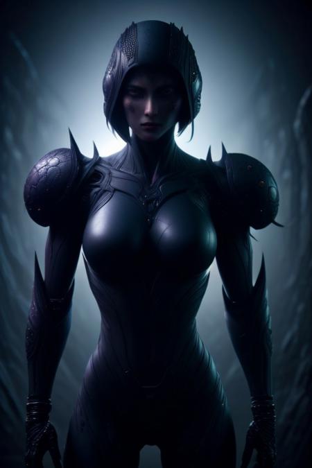 A stunning 4K hyper-realistic image of a mysterious figure, photorealistic face,  bold, manga-style makeup, intricate, velvet-textured patterns, deep purples and golden yellows, fragmented, avant-garde outfit blending abstract, thorn-like shapes and liquid-like silks, jewel tones gradient, background dreamy, gradient mist of smoky reds and soft pinks, warping gently, ethereal mood, shadowy alternate reality, with the image infused with a soft, crystalline sheen. world of mystery and surreal wonder.absurdres, intricate details, masterpiece, cybernetic eyes, set in a sterile lab environment, sharp focus, soft colors, soft light, film grain, masterpiece, absurdres, 8k, HDR, raytracing, dynamic angle, highly detailed, high resolution textures, ultra high resolution, sharp and clear visual execution, futuristic, sci-fi fantasy, cyberpunk vibes, mobe-cybideen, DonMX3n0, perfection style
