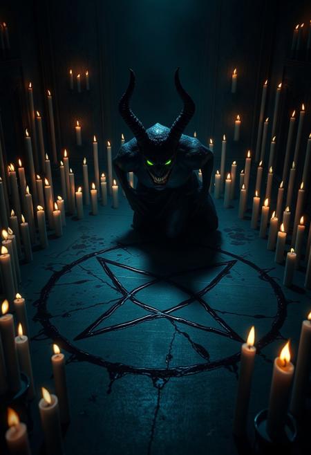 A master-level, highly detailed dark fantasy scene set in a dimly lit, ominous room. The floor is marked with a large, blood-drawn pentagram, its sinister lines glowing faintly. Surrounding the pentagram are countless dark white candles of varying lengths and thicknesses, their flickering flames casting unsettling shadows across the room. At the center of the pentagram, a menacing black demon is emerging from the blood-drawn symbol. The demonas glowing green eyes pierce through the darkness, and an eerie, malevolent grin spreads across its face, exuding a sense of pure evil. Covered in shadows