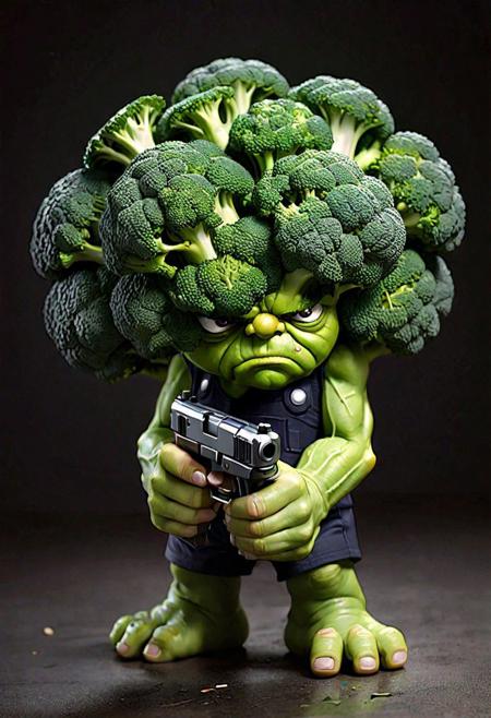 a grumpy broccoli  Holding a pistol in his/her detailed hands <lora:Pistolero-000015:0.8>