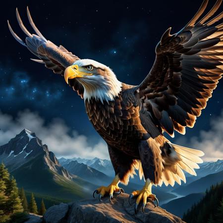 Ultra realistic full body color pencil drawn portrait of  
an American Bald Eagle flying over a mountain top
BREAK
Deep dark intense midnight blue starry and misty background,
Dark theme, dynamic lighting, (soft shadows), (soft focus),  (photo realistic), uhd, 8k