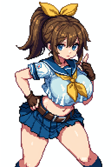 1girl, solo, medium breasts, blue eyes, belt, crop top, brown hair, black gloves, fingerless gloves, blue kneehighs, ponytail, minikirt, blueskirt, pleated skirt, serafuku, school uniform, hair ribbon, yellow ribbon, yellow neckerchief, brown shoes