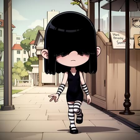 ((masterpiece, best quality)),(complex light), 1girl ,solo, full body, lucy loud, <lora:lucy_loud1-10:0.6> ,black hair,   , hair over eyes,  black dress, striped pantyhose, walking, chibi, stripe arm sleeves,striped, skinny,