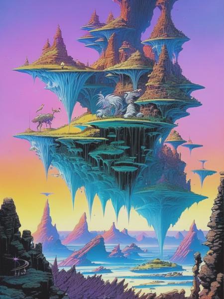 <lyco:RodneyMatthews:1.0> a creature voraciously eating in the style of rodney matthews, crystalline and geological forms, cosmic, charles vess, moebius, go nagai, quiet contemplation, adventure pulp