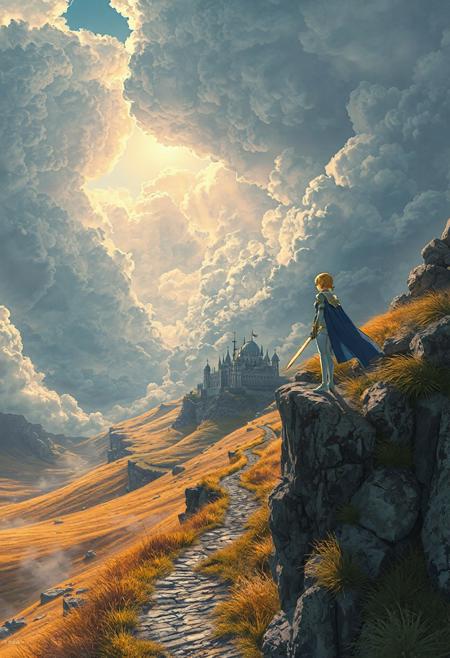 Vertical 9:16 anime-style sky in ultra-detailed 4K resolution. A vast, painterly sky stretches endlessly above, filled with massive, textured cumulonimbus clouds in complex, sculpted folds and subtle ridges. Wisps of cirrus drift between them, glowing faintly in soft golden light. Gaps between the towering cloud layers reveal pockets of radiant loght-blue sky, where warm beams of sunlight cascade down like divine spotlights.
Below, the landscape opens into a sweeping, mystical valley carpeted in golden grass and dotted with ancient, moss-covered stones. A narrow, winding path of worn cobblestones cuts through the terrain, leading far into the distance where a majestic castle fortress rises—its spires cloaked in mist, framed by ominous, dark storm clouds brewing overhead.
In the foreground, Saber from Fate/stay night stands at the edge of a rocky cliff overlooking the path, clad in her iconic silver-blue armor. Her long blue cape flows dramatically in the wind. She grips Excalibur tightly—its blade glowing with a faint, holy light—as her eyes fix on the distant castle, sensing the final battle to come.
The atmosphere is layered and cinematic: pastel pinks, silvers, and deep blues blend into a surreal, emotional palette. Light bloom, volumetric mist, and painterly cel shading add mood and dimension. The entire scene is composed like a still from an epic anime film—haunting, nostalgic, and full of anticipation.