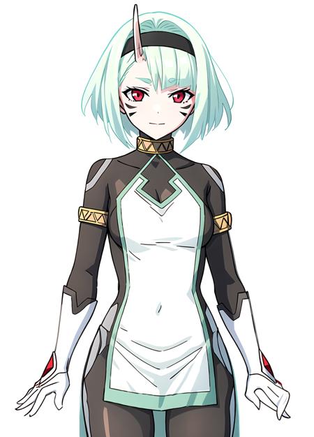 Koko Zenibako, dress, black skin color,  1girl, solo, short hair, looking at viewer, red eyes, green hair, facial mark, hairband, single horn, breasts, aqua hair,  <lora:Koko Zenibako20r61r61rcorrected-000006:0.6>