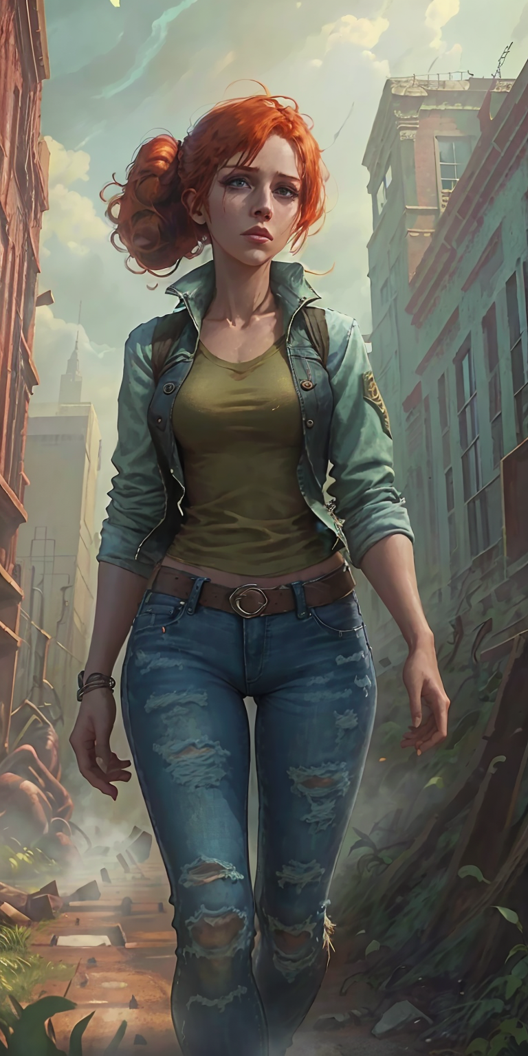 zrpgstyle post-apocalypse fallout 4 RPG character painting ginger hair upsweep updo thin woman wearing black vest (denim j...