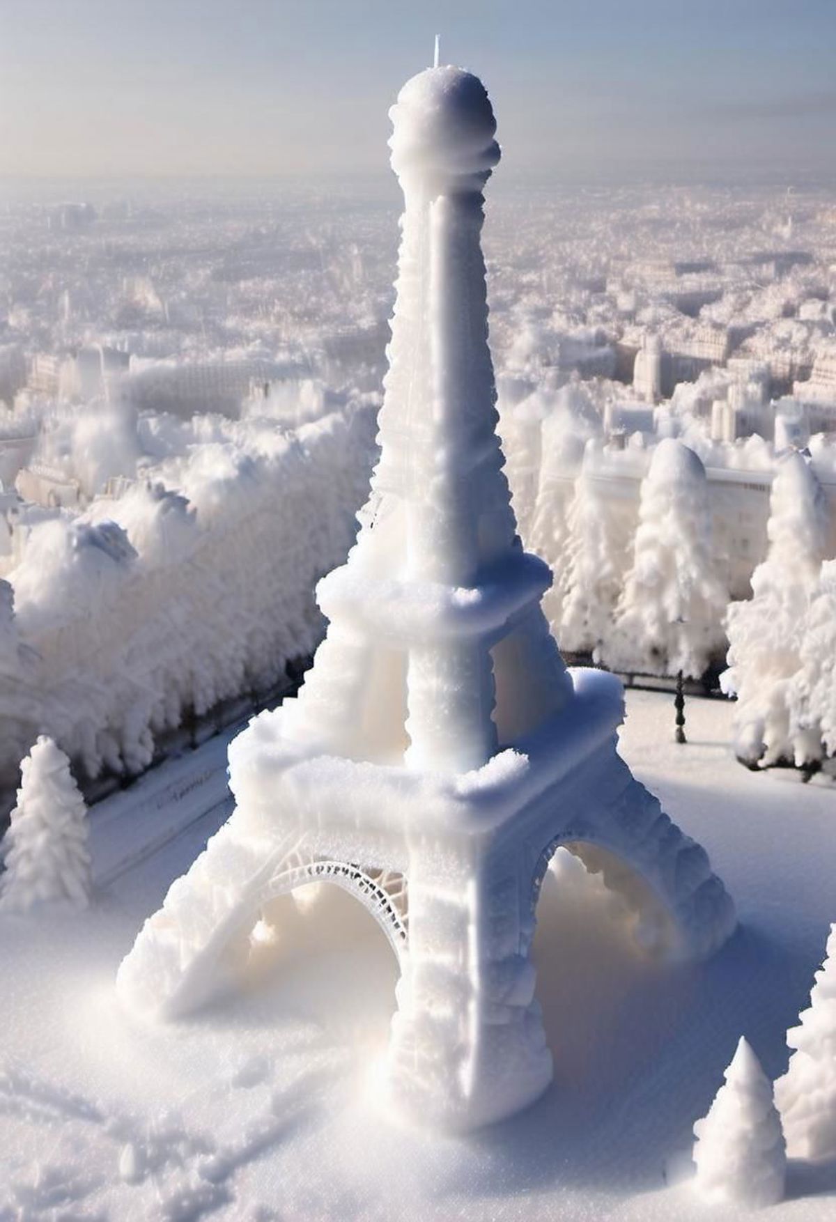 A snow-covered Eiffel Tower in Paris