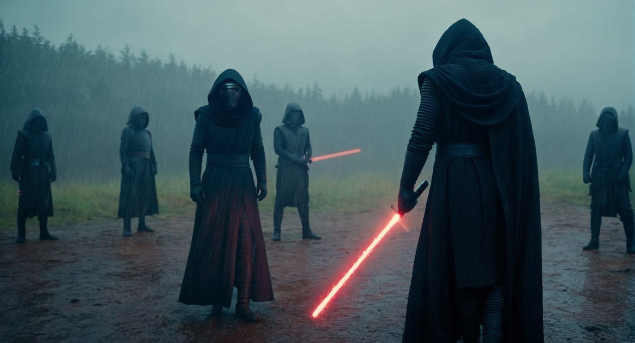 cinematic film still of  <lora:Kylo Ren:1.2>
Kylo Ren a group of people standing in the rain with red lightsaber in star w...