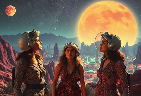 cinematic photograph, three women astro-explorers explore a mysterious psychedelic city of Fruitopia  ,1960s adventure b-movie science fiction film, technicolor , in the style of Ed Emshwiller