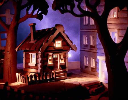 Prompt: style of zyablikova, puppet, stopmotion, stop motion, a miniature model of a house and a tree, intricate, black and white photo, trending on artstation <lora:zyablikova_style:.05>