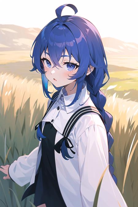 roxy migurdia, 1girl, ahoge, bangs, blue eyes, blue hair, braid, collared shirt, crossed bangs, eyebrows hidden by hair, grass, hair between eyes, jitome, long hair, long sleeves, looking at viewer, night, outdoors, parted lips, shirt, sleeve cuffs, solo, twin braids, white shirt
<lora:roxy_migurdia_offset:1>