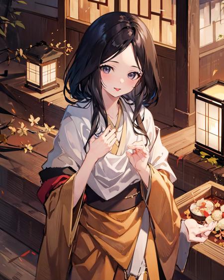 ricechan, 1girl, black_hair,solo, japanese clothes, <lora:RicechanSekiroV1-000006:1>,kimono,outdoors,bamboo,lake,east asian architecture, 
cowboy shot, hand on own chest, tongue out,