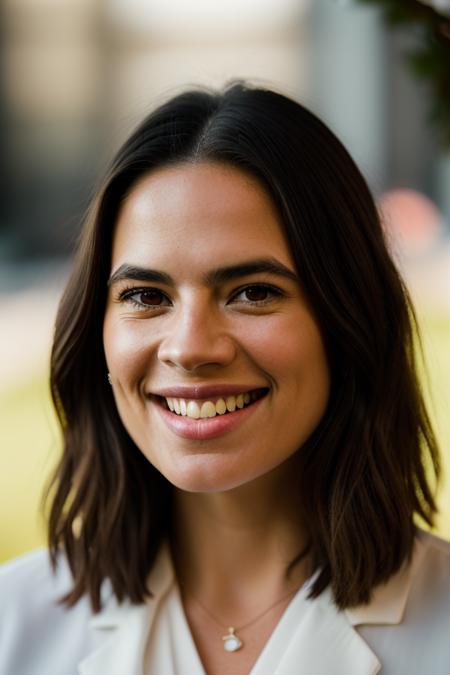 Realistic photo of a beautiful h4yl3y4-v1 woman,   1girl, solo, long hair, looking at viewer, smile, brown hair, black hair, brown eyes, teeth, grin, lips, portrait, forehead, realistic, nose, soft lighting, professional Photography, Photorealistic, detailed, RAW, analog, sharp focus, 8k, HD, DSLR, high quality, Fujifilm XT3, film grain, award winning, masterpiece<lora:h4yl3y4-v1:1.0>