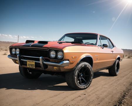 cinematic, filmic image 4k, 8k with [George Miller's Mad Max style]. The image should be captured in a [wide-angle view] and depict [single] a [post-apocalyptic] V8 [muscle car]. The car's paint is a [black] covered in a spots of [rust] and thin layer of smooth [dust] and [dirt], making it appear [rugged] and [gritty] but with visible [black color]
The car's body should be [sleek] and [aerodynamic], giving it a [low] and [aggressive] stance that conveys [power] and [speed]. The front of the car should feature a [distinctive] front nose cone with [rectangular lights] that adds to its [intimidating] appearance. The car's wheels should be [large] and [sturdy], with [thick] tires that can handle the [rough] terrain of the [post-apocalyptic] wasteland. The rims should be made of [durable] metal with a [unique design] that showcases the car's [individuality].
In addition, the car should have [eight exhaust side pipes]. The car should also feature a Weiand 6-71 [supercharger] mounted on the hood, protruding through the bonnet.
Car should be designed to look both [powerful] and [functional], built to withstand the [harsh] conditions of the [post-apocalyptic] wasteland.
The image should be [ultra-realistic], with [high-resolution] captured in [natural light]. The lighting should create [soft shadows] and showcase the [raw] and [vibrant colors] of the car. The image should be a highly-detailed photography set in a [post-nuclear], [fallout] like setting, conveying a sense of [danger] and [grittiness]. The final image should be a [masterpiece], with a [realistic portrayal] of the Interceptor that is both [intimidating] and [awe-inspiring]. Background should contain [empty desert highway], image takes place before the storm, with the [hot summer sun] still shining brightly in the sky, but in the distance, the sky is a [dark and foreboding shade of blue], hinting at an impending storm