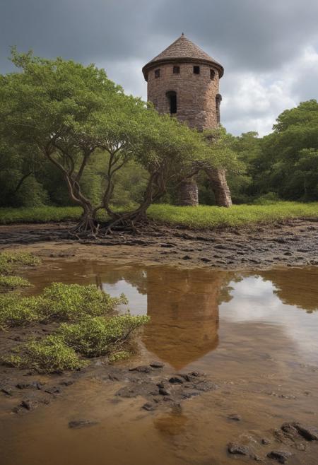 Surreal Landscape ,Creator Landscape,(style ofThomas Cole (Hudson River School)),Mangrove channels at low tide,rain-filled hoofprints,medieval stone dovecote,
detailxl,
advntr,