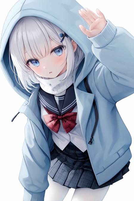 1girl,solo,skirt,hood,blue eyes,bangs,looking at viewer,jacket,bow,long sleeves,hood up,blue bow,blush,sailor collar,school uniform,plaid,hooded jacket,white hair,pleated skirt,black skirt,shirt,sleeves past wrists,black sailor collar,scarf,open clothes,white shirt,serafuku,open jacket,plaid skirt,parted lips,closed mouth,white background,blue jacket,pom pom \(clothes\),white pantyhose,