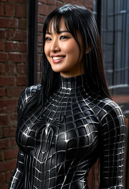 score_9, score_8_up, score_7_up, best quality, realistic, masterpiece, beautiful detail, hyperrealistic, cafe, ((1girl, woman body, huge breasts)), amazing detailed portrait of a beautiful japanese girl, wearing a realistic and highly detailed black raimi spider-man suit, ((huge muscular girl)), professional model wears ultra - detailed and grained black raimi spider - man suit, suit covered entire body and hand, spiderman gloves, wet, (happy pose), smile, black hair, octane render, highly detailed, volumetric, dramatic lighting, (highest quality:1.1), (HDR:1.3), (top quality, best quality), realistic, high definition, Expressionism - sharp focus, professional photography, masterpiece, ultra detailed photograph, high quality, 8k,
