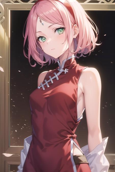 sakuraharuno, <lyco:sakuraharunov3-lyco-nochekaiser:1>,
sakura haruno, short hair, bangs, (green eyes:1.5), pink hair, hairband, facial mark, (forehead mark:1.2), red hairband, (swept bangs:1.5), (small breast:1.2),
BREAK chinese clothes, dress, (red dress:1.3), short skirt, black shorts, gloves, black gloves, sleeveless,
BREAK outdoors, forest, nature, sky, cloud, sun,
BREAK looking at viewer, (cowboy shot:1.5),
BREAK <lyco:GoodHands-beta2:1>, (masterpiece:1.2), best quality, high resolution, unity 8k wallpaper, (illustration:0.8), (beautiful detailed eyes:1.6), extremely detailed face, perfect lighting, extremely detailed CG, (perfect hands, perfect anatomy),