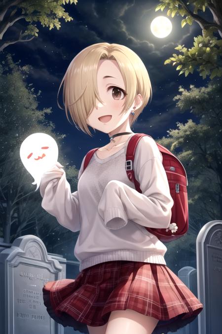 <lora:KoumeShirasaka-07:0.7>,shirasaka koume, 1girl, solo, looking at viewer, smile, short hair, open mouth, skirt, blonde hair, brown eyes, jewelry, collarbone, :d, earrings, outdoors, sky, choker, bag, hair over one eye, tree, sleeves past wrists, plaid, night, moon, backpack, full moon, sleeves past fingers, skull, ghost, bags under eyes, tombstone, graveyard, flashlight