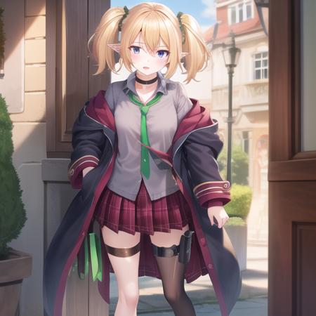 (masterpiece, best quality:1.2),illustration,8k,hd,1girl,solo,st. theresa's girls academy school uniform,pointy ears,twintails,elf,blonde hair,necktie,black coat,grey shirt,purple eyes,choker,wrist scrunchie,scrunchie,pleated skirt,black choker,red skirt,green necktie,open clothes,hair between eyes,socks,thigh strap,loafers,<lora:Chole-V1:0.7>,