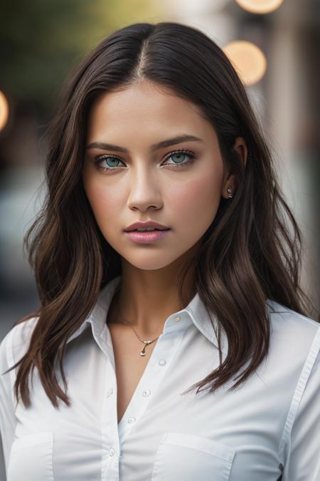 <lora:4dr14n4l1m4:0.9>, a Realistic photo of 4dr14n4l1m4 woman, breasts, looking at viewer, brown hair, hair ornament, white shirt, makeup, green eyes, upper body, parted lips, lips, realistic, soft lighting, professional Photography, Photorealistic, detailed eyes, RAW, analog, sharp focus, 8k, HD, DSLR, high quality, Fujifilm XT3, film grain, award winning, masterpiece