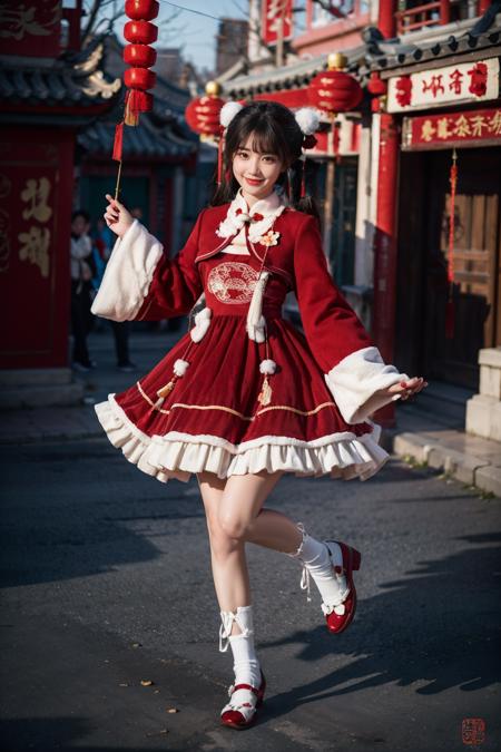 best quality, masterpiece, realistic, photorealistic, 1girl, solo, looking at viewer, light smile, full body, jumpping, low twintails, bangs, cyb dress, chinese clothes, frilled dress, wide sleeves, long sleeves, leg warmers, shoes, chinese town, ancient chinese building, chinese street, people, chinese new year, chinese lantern, spring festival, <lora:chinese_new_year_dress_style2_v1:0.7>