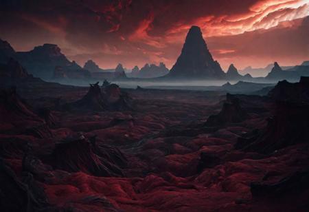 Red Rocky landscape, with deep canyons, black twisting vines, sci-fi aesthetics, film photography style, a moody picture of Gas Giant alien landscape composed primarily of hydrogen and helium, with no solid surface and a thick atmosphere (with a tall red mountain with a demonic face carved into the side in the background:1.2), cloudy weather, at dawn, dim lit, foggy, muted colors, hazy, vintage, analog style, Busy crowded city strret, City<lora:SDXL_FILM_PHOTOGRAPHY_STYLE_Alphav0.2:1>