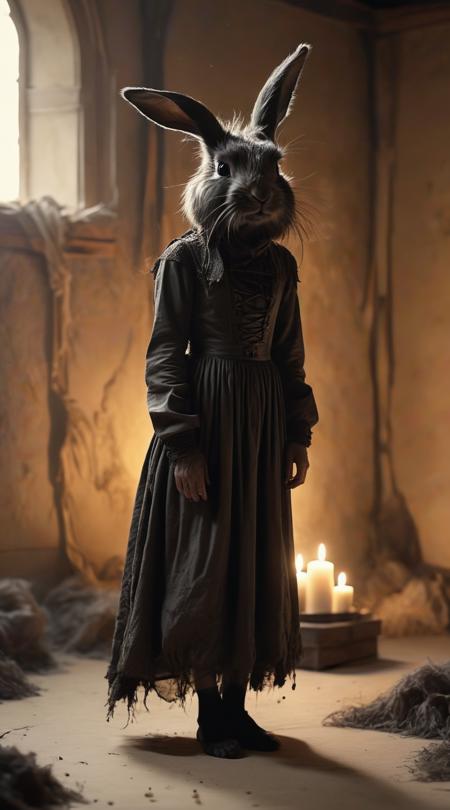 Drought-born dust bunnies, creating a virtual reality, Candlelit warmth, gale force with powerful gusts, matte charcoal depth, full body length shot, over-the-shoulder frame, gothic somber aesthetics, brittle parchment paper, grainy film texture, whitespace breathing room, soft-focus blur effect.