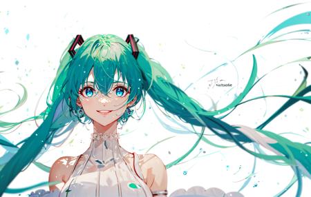 1girl, hatsune_miku, air_bubble, aqua_eyes, aqua_hair, bangs, bare_shoulders, blue_eyes, blue_hair, blurry, breasts, bubble, choker, collarbone, depth_of_field, dress, earrings, eyebrows_visible_through_hair, floating_hair, hair_between_eyes, jewelry, long_hair, looking_at_viewer, neck_ribbon, parted_lips, ribbon, shiny, shiny_hair, simple_background, sleeveless, solo, submerged, twintails, underwater, upper_body, very_long_hair, water, water_drop, white_background, white_choker, white_dress, white_ribbon, smile, 
<lora:style_TID:1>